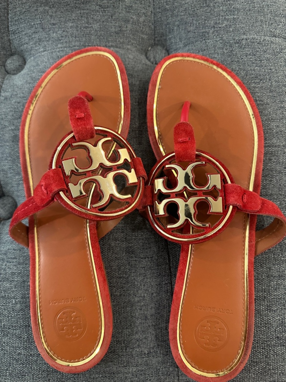 Tory Burch Red Suede Logo Thong Sandals with Gold Emblem